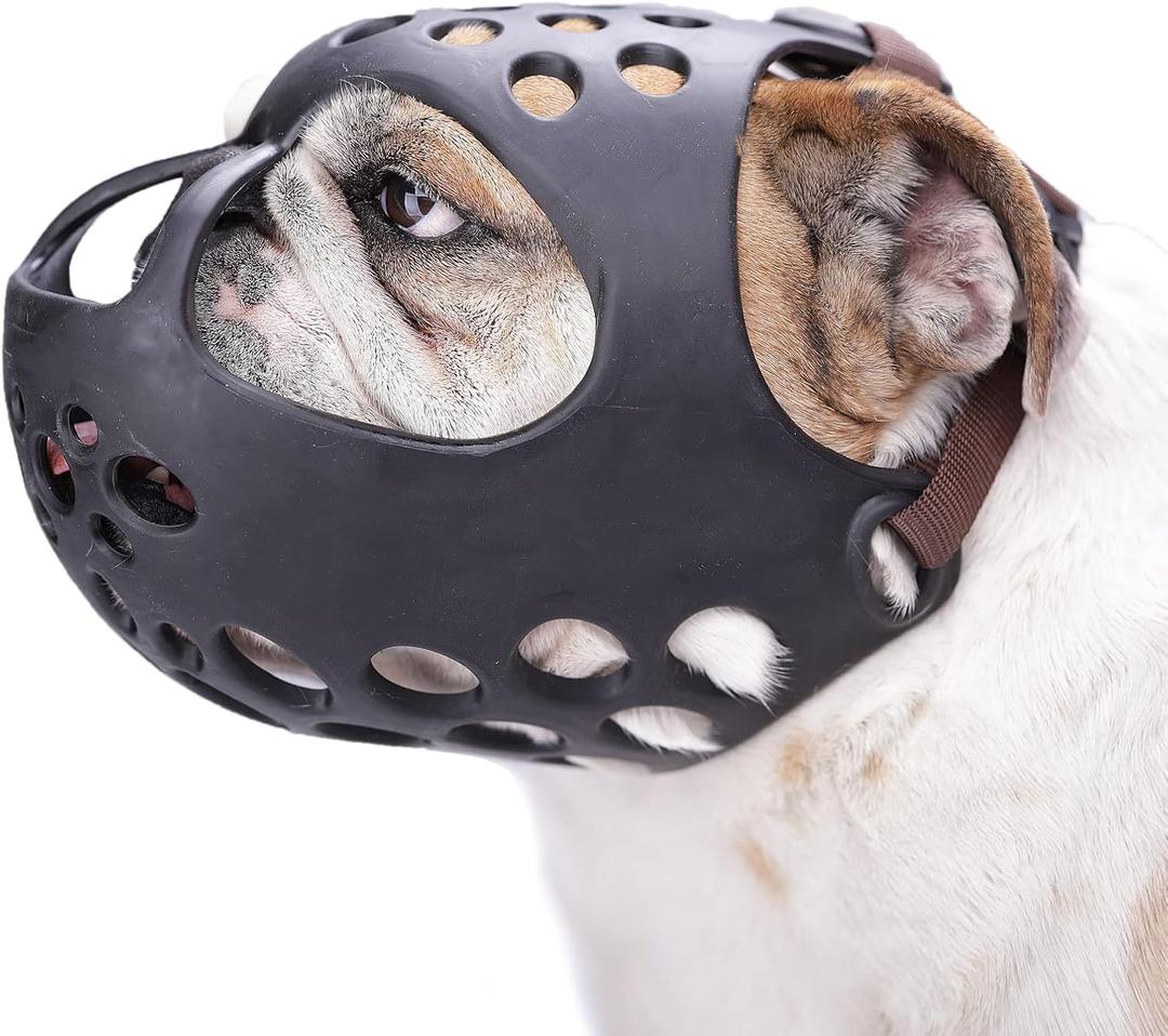 BARKLESS Dog Muzzle for Short Snout, Soft English Bulldog Muzzle for Biting, Chewing, Licking, Flat-Faced Bulldog Mouth Guard for Aggressive Dogs Grooming Walking, Allows Drinking (XL (Head Cir: 20"-22.5"), Black)