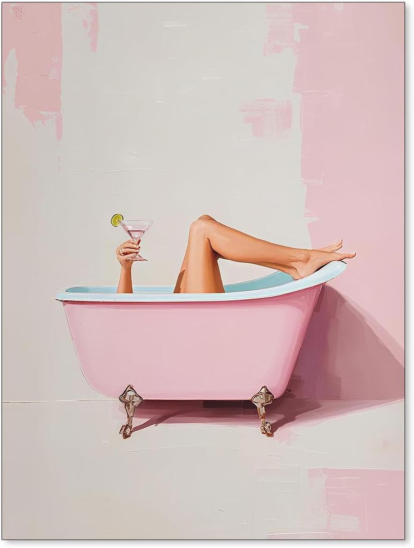 FuSatisYilife Bathroom Pink Girly Wall Art Trendy Funny Martini Cocktail Poster Girl in Bathtub Aesthetic Canvas Picture Preppy Bar Cart Decor Wall Decor for Toilet Washroom 12x16 inch Unframed