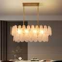 Gold Crystal Chandelier Rectangular Pendant Lighting 8-Light Crystal Chandeliers for Kitchen Island Cloud Glass 2-Tier Light Fixture for Dining Room, Living Room, Kitchen