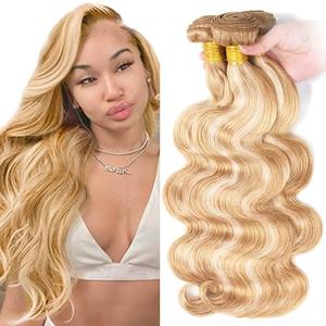 CUEAKOUE P27/613 Highlight Body Wave Bundles Human Hair Honey Blonde Bundles 14 16 18 Inch 12A Unprocessed Brazilian Virgin Hair Ombre 3 Bundles Human Hair Extensions For Black Women 300g Total