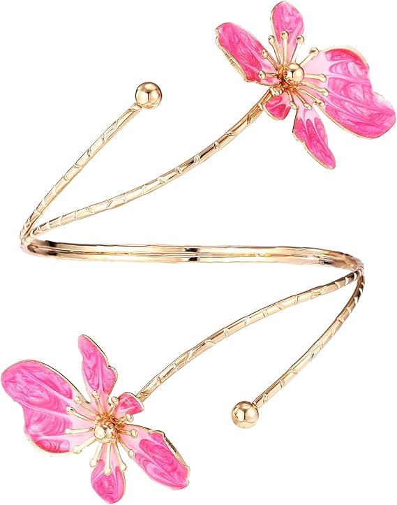 Mikovivi Flower Arm Cuff for Women, Adjustable Gold-Tone Upper Arm Bangle Bracelet with Pink Flower Boho Jewelry Gifts Armband for Beach Party