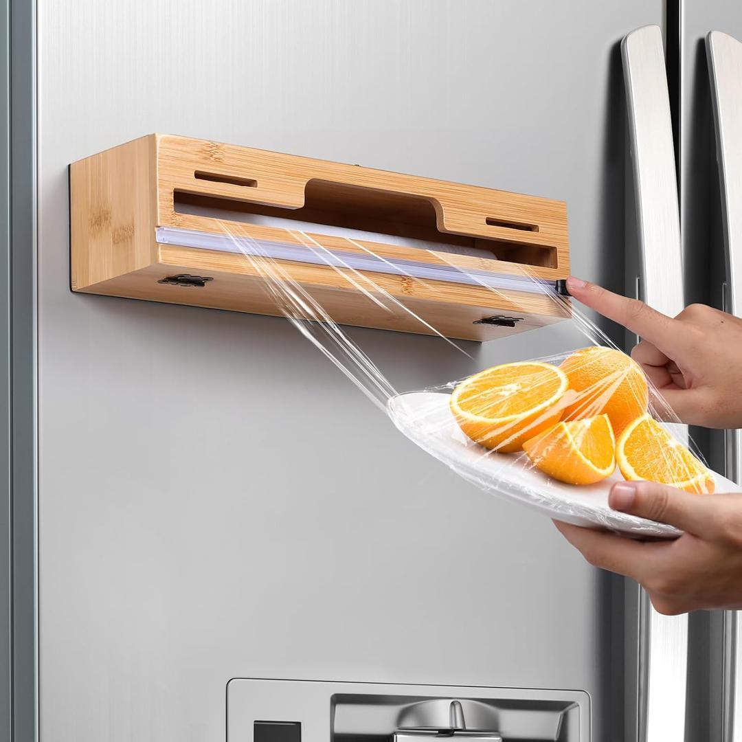 Allinside Magnetic Plastic Wrap Dispenser with Cutter and Labels, Aluminum Foil Holder, Wax Paper Storage Box for Refrigerator, Kitchen Bamboo Organizer Compatible with 12.9" Roll (1 Layer)