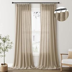 Light Taupe Brown Pinch Pleat Linen Curtains 96 Inches Long with Hooks Back Tab Semi Sheer Light Filtering Pleated Drapes Soft Boho Farmhouse Burlap Window Curtains for Living Room Bedroom 40x96