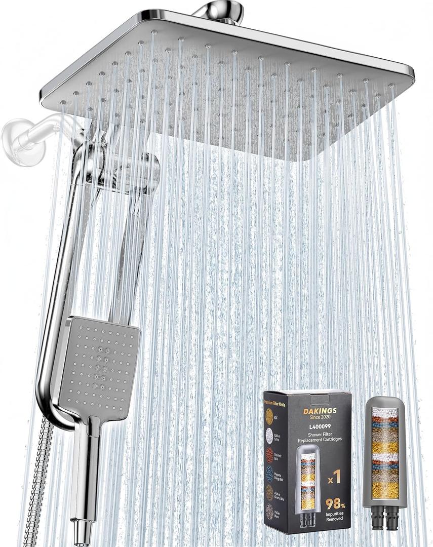 Dual Filtered Rainfall Handheld Shower Head Spray Combo, DAKINGS 7-Mode Shower Head with Handheld Spray Combination, Upgraded 11-Inch High Flow Rain Handheld Spray Combo With Fixed Showerhead, Chrome