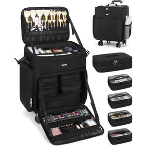 CUBETASTIC Rolling Makeup Case, Professional Cosmology Case on Wheels, Makeup Trolley with 5 Removable Pouches, Makeup Suitcase with Wheels, Rolling Cosmetic Train Case, Hair Stylist Rolling Case