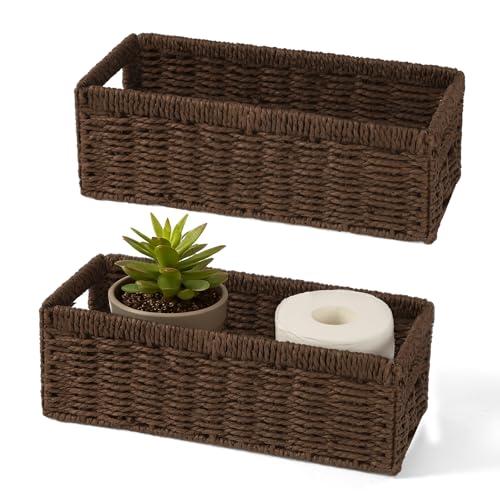 Maqauai Paper Rope Wicker Storage Baskets with Handles, 2 Pack Foldable Storage Basket, Rectangle Wicker Basket, Small Wicke Baskets for Pantry Shelves, Toilet Paper Storage Basket for Bathroom, Brown