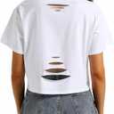 vblane Graphic Oversized Crop Tops for Women Loose Cropped Distressed Tshirt Short-Sleeve Vintage Boxy Tee Shirts (White) L