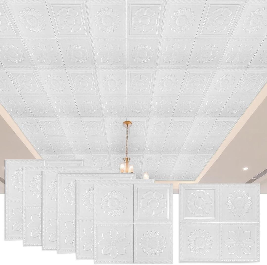Nuanchu 20 Pcs Foam Drop Ceiling Tiles Peel and Stick White 3D Wall Panels, 26-105.5 Sq. ft Adhesive Glue up Waterproof Wallpaper DIY for Office Home (13.8 x 13.8 Inch,Fresh)