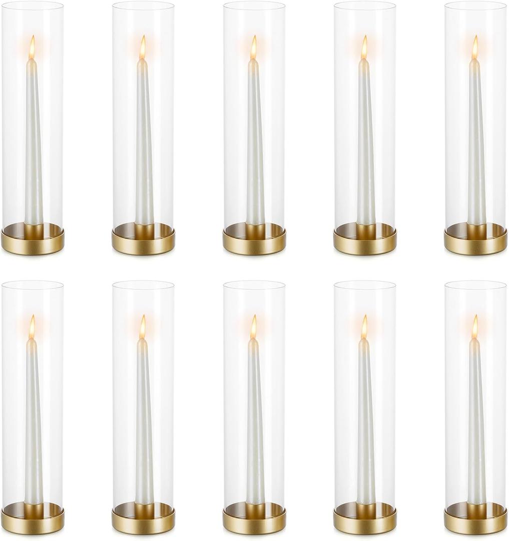 NUPTIO Hurricane Glass Candlestick Holders: 10 Set Bulk Gold Taper Candle Holder Metal Candle Stick Stand with 11.81 inch Tall Windproof Clear Seelves for Outdoor & Indoor Wedding Party Holiday Decor