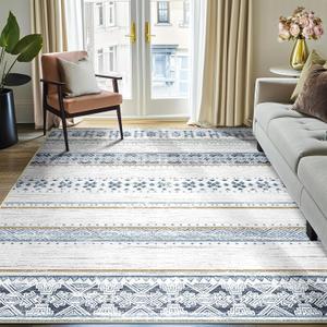 BESTSWEETIE 6x9 Area Rugs for Living Room Washable Moroccan Farmhouse Neutral Geometric Low Pile Non-Slip Soft Print Pattern Rug for Bedroom Kitchen Dining Room Entryway Blue/Brown