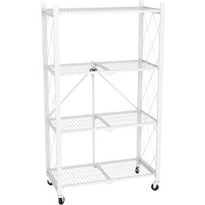 black leopard 4-Tier Foldable Metal Storage Shelf with Wheels, White
Foldable Design; 85 lb Capacity per Shelf; Preassembled Frame; Lockable Casters; Reinforced Metal Construction