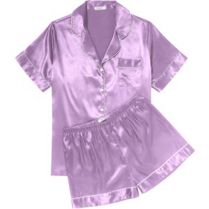 Ekouaer Womens Silk Satin Pajama Sets Soft Short Sleeve Button Down Sleepwear Top and Shorts 2 Piece Pjs Lounge Set S