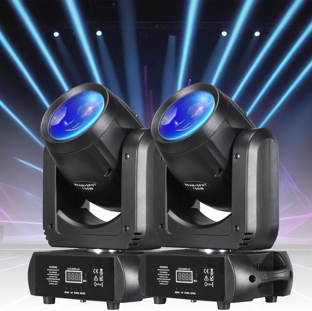 Moving Head Light 2 Pack 150W LED Beam Stage Light 8 Colors 8 Gobos DJ Lights Moving Head Infinite Rotating 18-Facet Prisms Spot Sound Activated DMX for Wedding Live Show Christmas Party