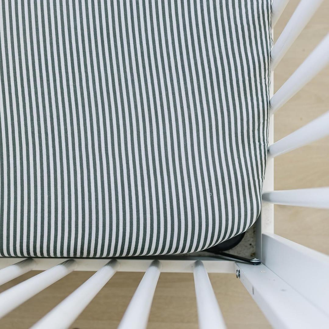 Green Stripes Muslin Crib Sheet by Mebie Baby, Soft and Breathable Bed Sheets for Babies, Modern Neutral Bedding for Cribs, Standard Crib Mattress Fitted Sheet, Great for Boy or Girl Room