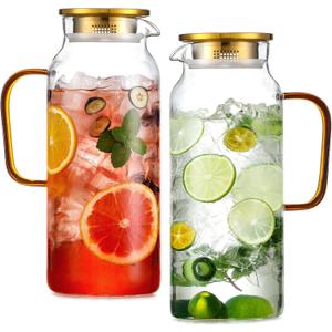 2 Pack 2 Liter/68 oz Glass Pitcher with Lid, Water Pitchers with Handle for Fridge, Large Jug for Iced Tea, Coffee, Borosilicate Glass Carafe for Hot/Cold Brew Drink and Homemade Beverage, Gold