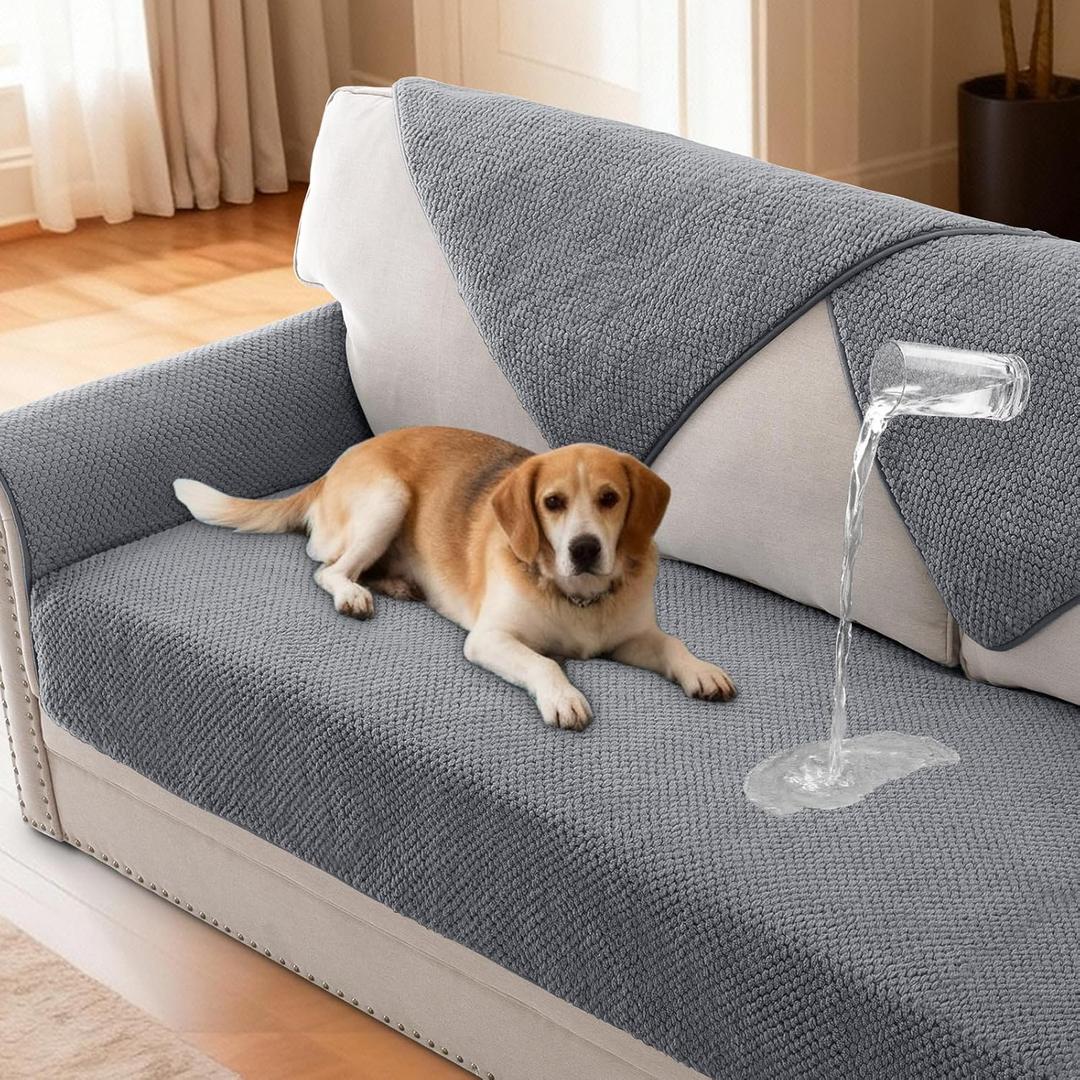 H.VERSAILTEX Waterproof Couch Cover Plush Sofa Cover with Strap Soft Anti Slip Sofa Slipcovers for 3 Cushion Sofa Couch Protector Cover for Dogs Cats Kids,36x72'',Gray 