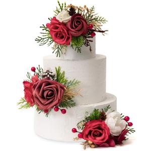 TINGE TIME 3Pcs Pre-made Cake ToppersWedding Artificial Flowers Decor, Cake Decorations for Weddings, Birthdays, Party,Baby Shower,Celebration(Burgundy), 4.8 inches x 2 inches