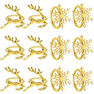 Gold Christmas Napkin Rings Set of 12, Reindeer and Snowflake Napkin Holders for Thanksgiving and Christmas Banquets, Daily Receptions