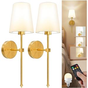 LGMCF Battery Operated Wall Sconce Set of 2, Rechargeable Wall Lights with Dimmable Detachable Charging Bulbs and Remote, 3 Color Temperature Wireless Sconces for Bedroom Living Room Hallway (Large)