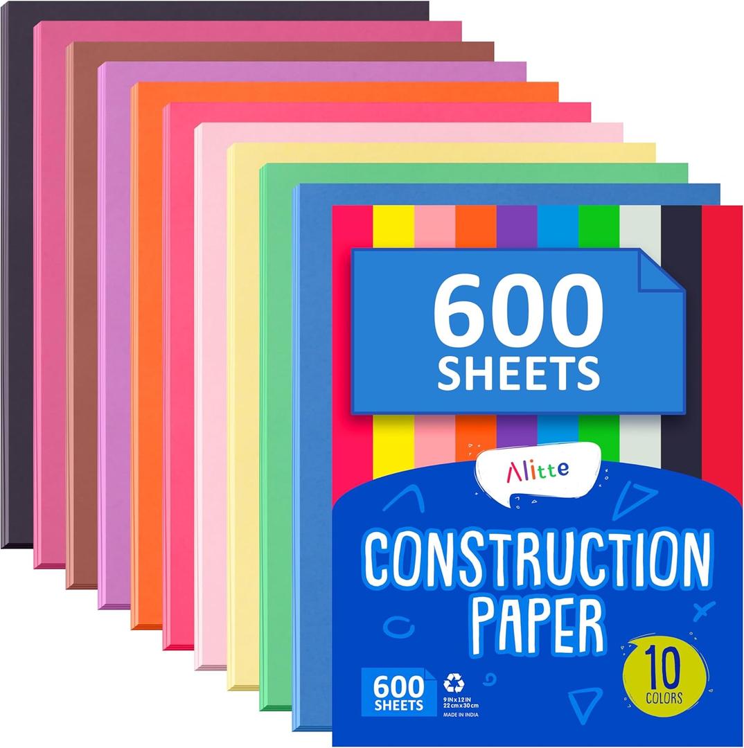 Alitte Construction Paper Assorted Colors - (600 Sheets, 9x12), Craft Paper, 10 Bright Colors - Bulk Pack Arts & Crafts Projects - Colored Paper For Preschool, Home, And Classroom Supplies