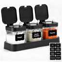 Condiment Pot Spice Jar with Stainless Steel Lids and Spoons, 8.6oz Clear Glass Seasoning Box with Tray Set of 3, Salt Pepper Storage Container Sugar Bowl for Kitchen