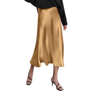 Zeagoo Skirts for Women High Waist Skirt Elegant Midi Skirt Satin (Beige, L)