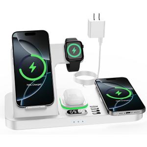 Dual Phone Wireless Charging Station for Apple Devices, Magnetic Charging Station for iPhone with Auto Switch 7-Color Light&Clock, Family Watch Charger for iPhone17 for iWatch11 for AirPods Pro3(White