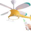 Children's Bedroom Ceiling Fan with lights,Remote control speed,Dimmable Kids Room Cartoon Ceiling Fan Lamp,Helicopter Model Teddy Bear Model Options Yellow, 42 inches x 19.6 inches