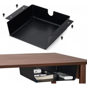 2 Pack Under Desk Hanging Shelf Drawer Organizer, Attachable Plastic Hidden Storage Tray, Easy Adhesive Mount Holder for Standing Tables, Office, Counters, Cabinets, Workstations - Black