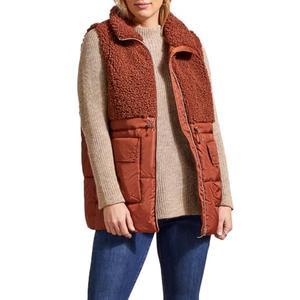 Tribal Womens Women's Mock Neckline Sherpa and Nylon Combo Zip-up Bungee Drawcord Vest Marsala L
