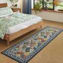 Bohemian Geometric Floral Runner Rug 2x6, Machine Washable, Soft Low Pile, Non-Slip Carpet for Laundry, Bedroom, Bathroom, Entryway | Blue