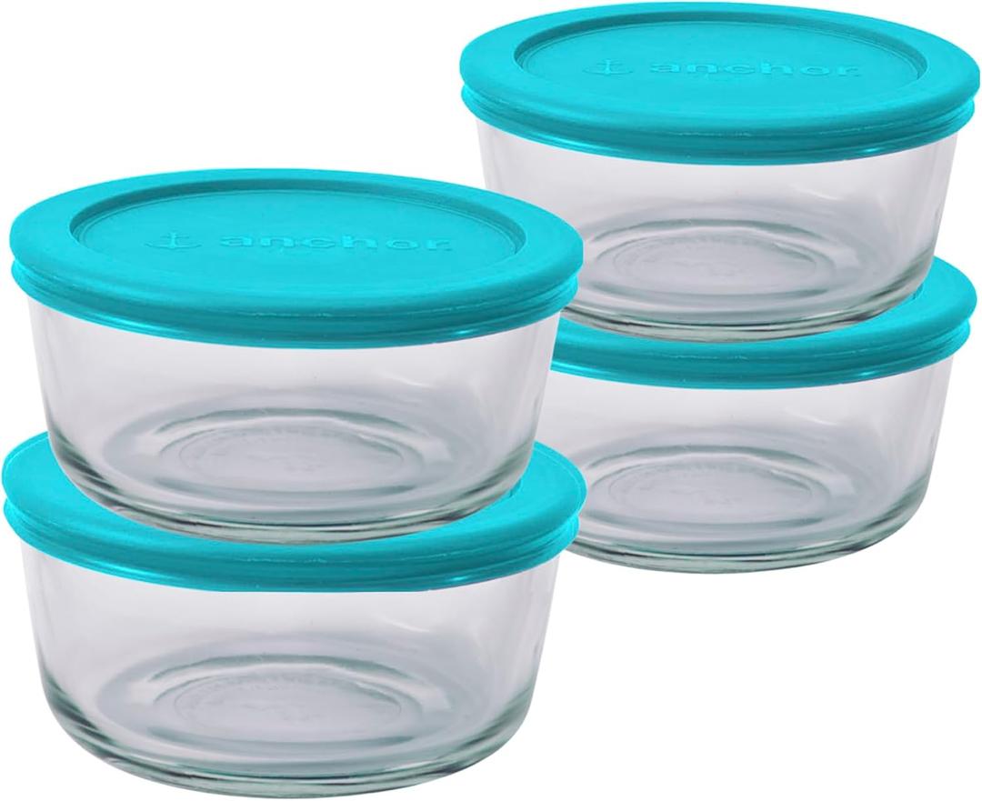 Anchor Hocking SnugFitTM Round Food Storage Containers with Lids (4-Piece, 4-cup, Teal, Oven-Safe)