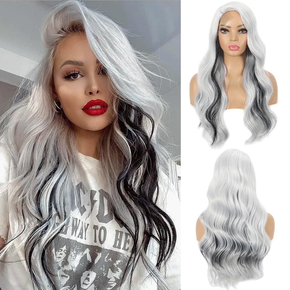 Long Black and White Wavy Wig for Women Lace Front Wig Natural Wave Synthetic Wig for Cosplay Party Use