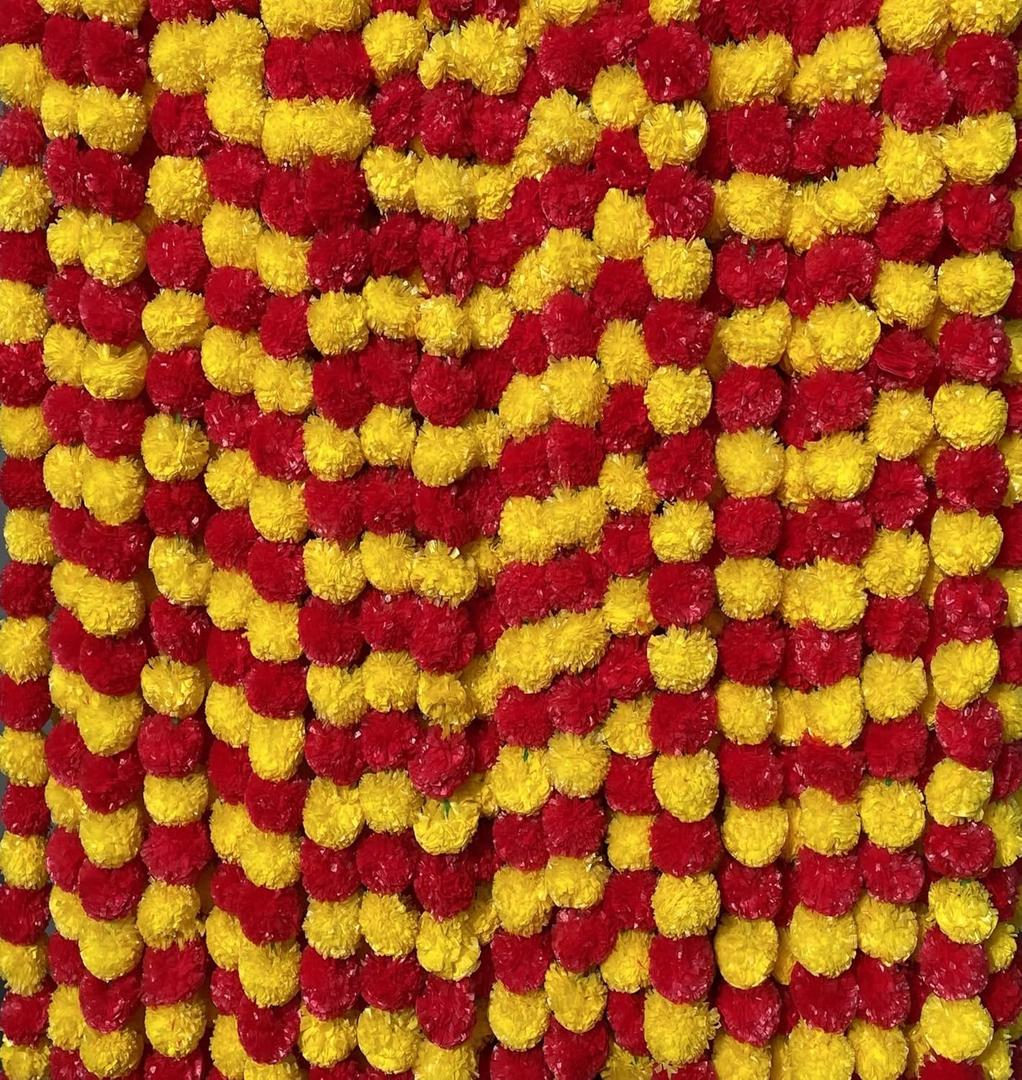 5 PC - 5 feet Marigold Garland |Indian/American Wedding Party Mantle Decoration, Faux Garlands Wedding Garland, Diwali Decoration, Spring Bush Floral! (Red & Yellow Mix)