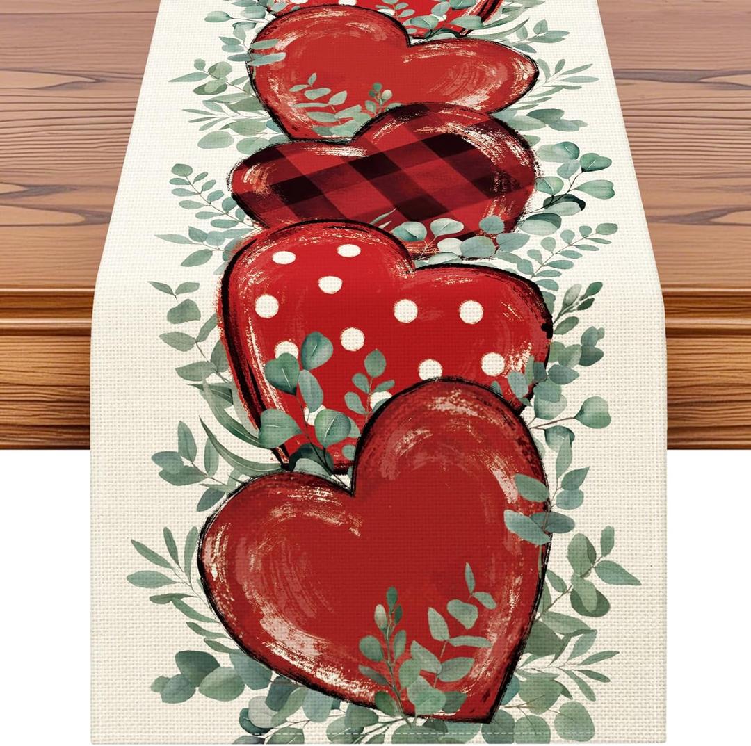 Artscope Eucalyptus Hearts Valentine's Day Table Runner, Anniversary Wedding Holiday Kitchen Dining Table Decoration for Valentine Home Decor 13x72 Inch