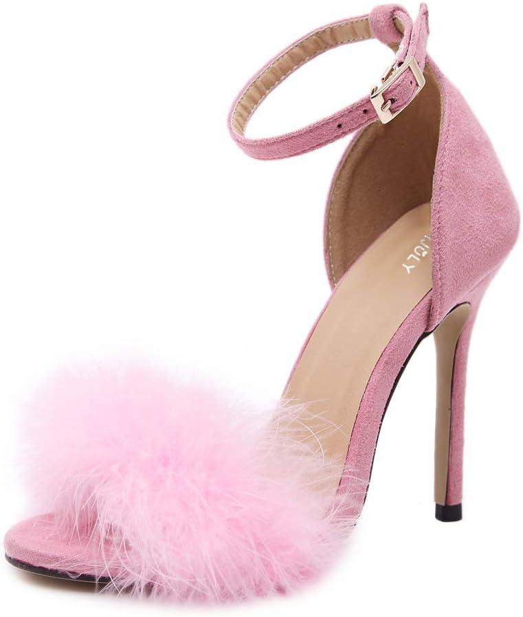 Women's Open Toe Ankle Strap Fluffy Feather Stiletto High Heel Dress Sandal (10, Pink)