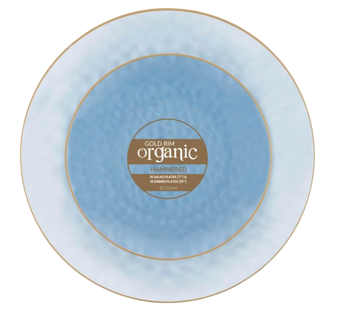 Organic Hammered Blue with Gold Rim Plates - 32 Count, 7" & 10" Combo Pack | Round Disposable Plastic, Elegant Design for Parties & Events