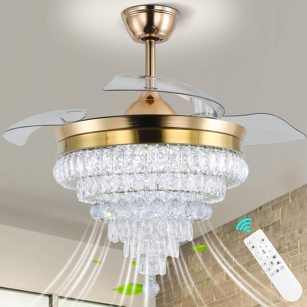 CLAIRDAI 42'' Modern Crystal Chandelier Ceiling Fan with Lights Dimmable Fandeliers Retractable LED Invisible Fandelier Crystal Chandelier Fan for Bedroom Dining Room Living Room (Gold)