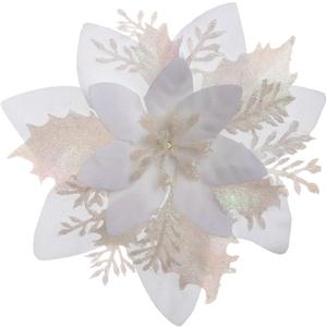 Zhuqing 15Pcs Christmas Poinsettia Artificial Flowers Decorations, Glitter Poinsettia Christmas Tree Ornaments, Black Tree Flowers for Xmas/Wedding/Holiday/Wreath/Garland Decor, with Cilps, 5.5 Inch (White)