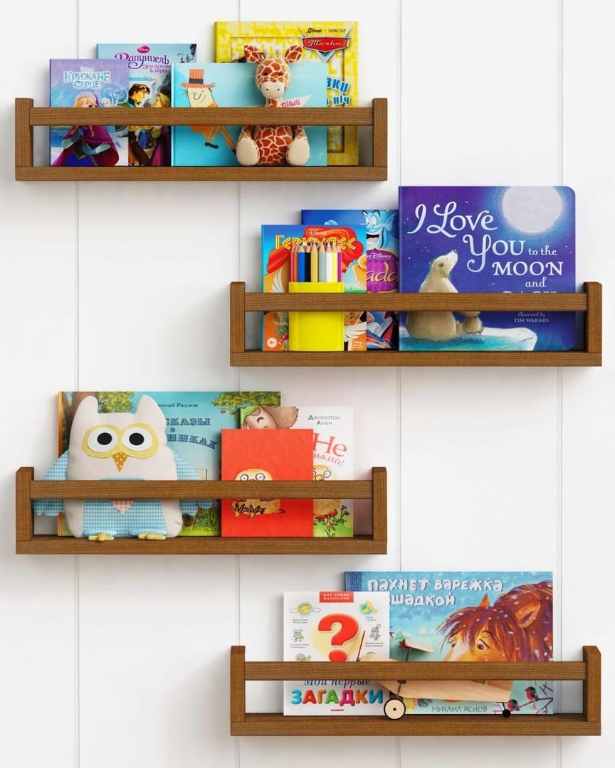Forbena Walnut Brown Nursery Bookshelf Wall Mounted, Wooden Floating Book Shelves for Wall, Nursery Hanging Bookshelves for Baby Toddlers Kids Room Bedroom (Pine Wood, Walnut Color, 4-Pack) (16.5 Inch)