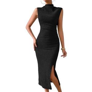 MITILLY Women Summer Formal Wedding Guest Dress Elegant High Neck Sleeveless Ruched Bodycon Midi Dress with Side Slit black XL