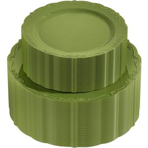 U-QE 100PCS Olive Green Plastic Plates - Plastic Green Plates Disposable Heavy Duty - Olive Disposable Plates for Party Including 50PCS 10'' Dinner & 50PCS 7.5'' Dessert Plate