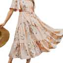 Amegoya Women's Boho Flowy Long Sleeve Square Neck Floral Midi Dress Smocked Spring Fall Wedding Guest Dresses (Large)