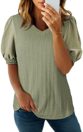 SHEWIN Women's Summer Tops V Neck Casual Puff Short Sleeve Textured T Shirts Blouses L
