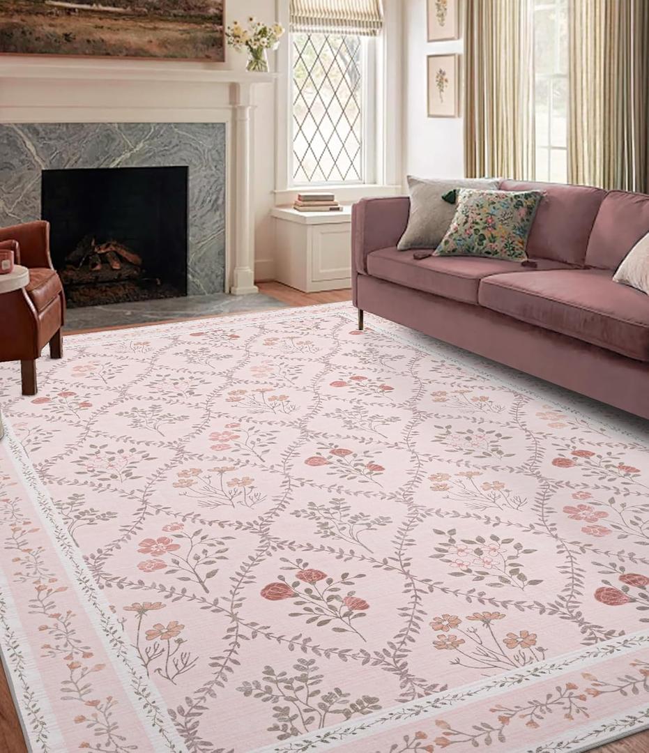 YIHOUSE Washable 8x10 Area Rugs for Living Room, Pink Floral Rug for Bedroom Girls Non Slip Ultra-Thin, Large Boho Carpet for Kids Playroom, Classroom, Dorm, Nursery, Home Decor