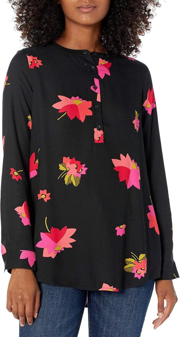 Amazon Essentials Women's Long-Sleeve Woven Blouse, Office Work Business Casual (X-Large, Black Pink Floral)