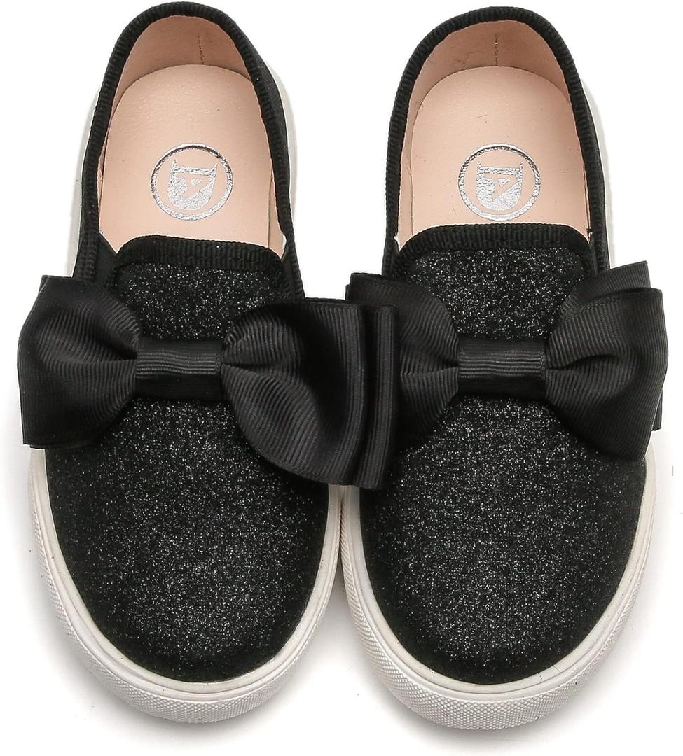 kkdom Girls Slip On Glitter Sneakers Cute Bow Lazy Tennis Shoes Loafers for Little Girls(Toddler/Little Kid/Big Kid) (Black)