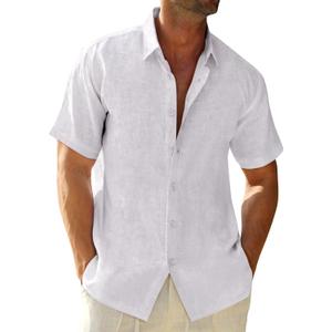 Runcati Mens Button Down Linen Shirts Short Sleeve Casual Summer Beach Tops (White)