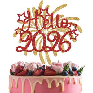 Hello 2026 Cake Topper, Welcome 2026 Cake Decorations for Cheers to 2026, Happy New Year Night Theme Winter Festive Holidays Party Supplies, Gold Glitter