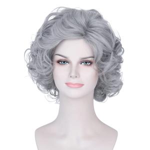 Old Lady Costume Wig for Women Short Grey Curly Grandma Wig Anniversary Party Hair (Grey)